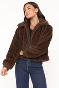 Faux Fur Bomber Jacket - Espresso