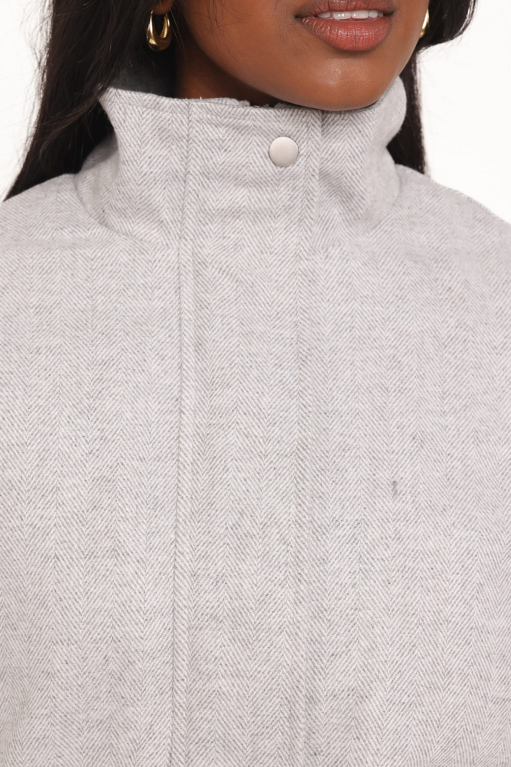 Funnel Neck Bomber Jacket - Grey Herringbone