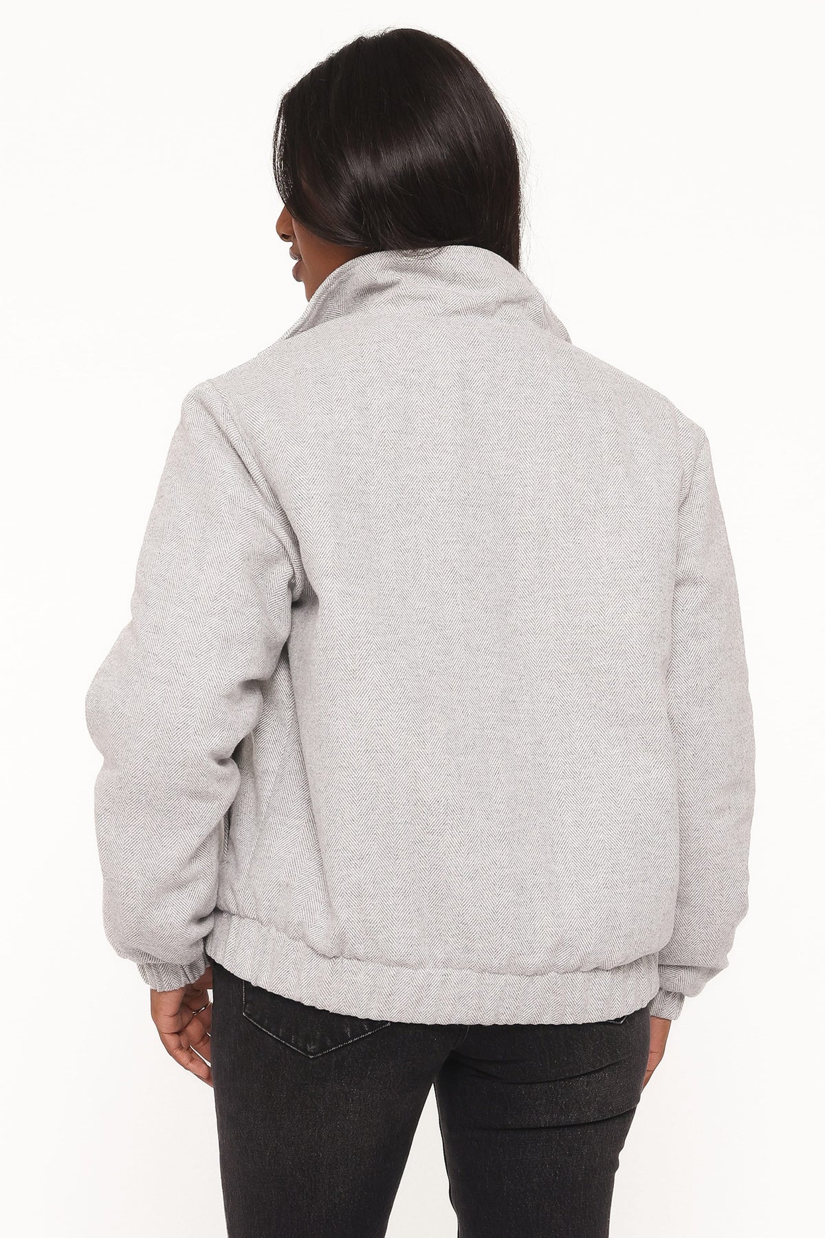 Funnel Neck Bomber Jacket - Grey Herringbone
