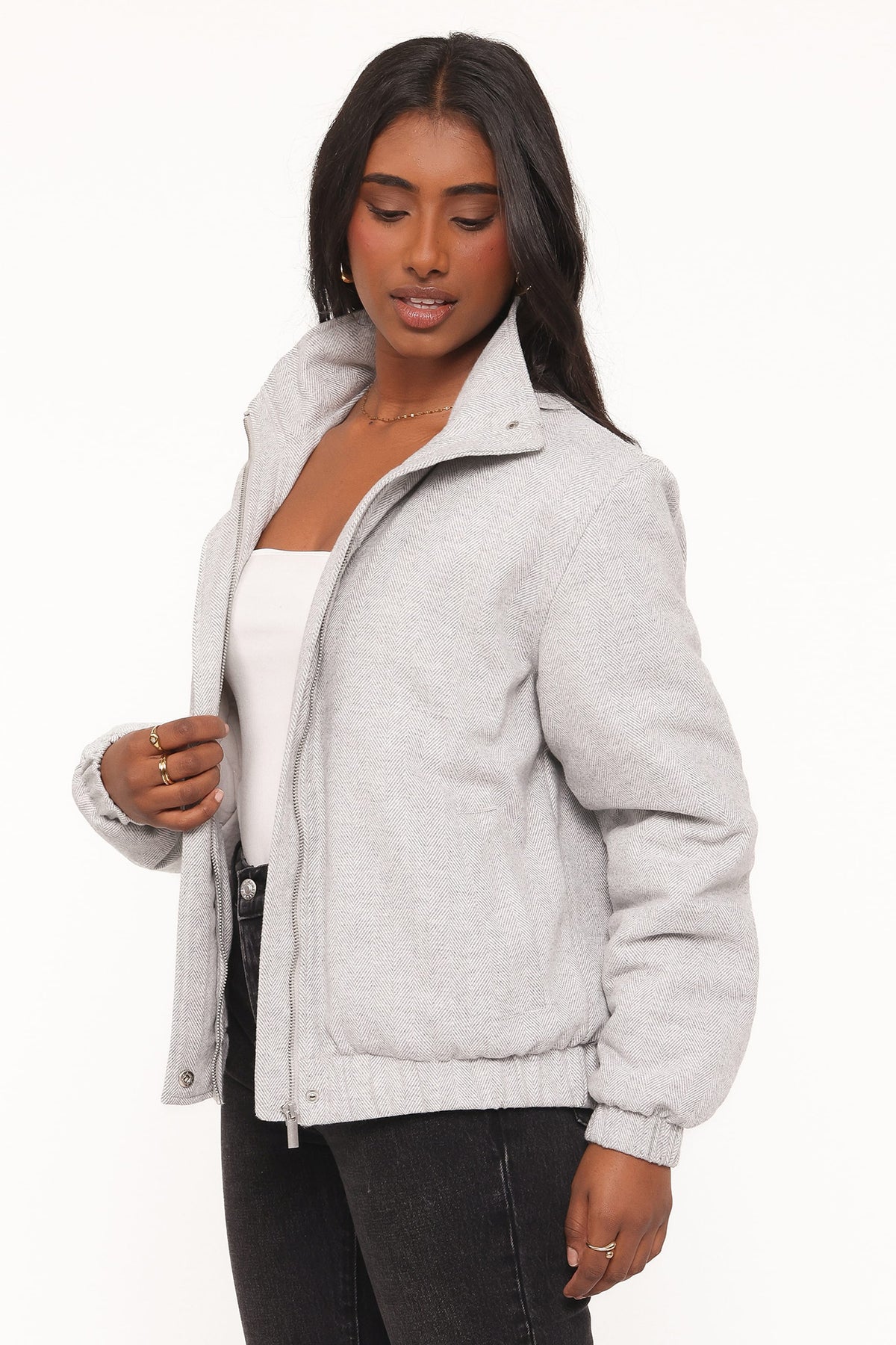 Funnel Neck Bomber Jacket - Grey Herringbone