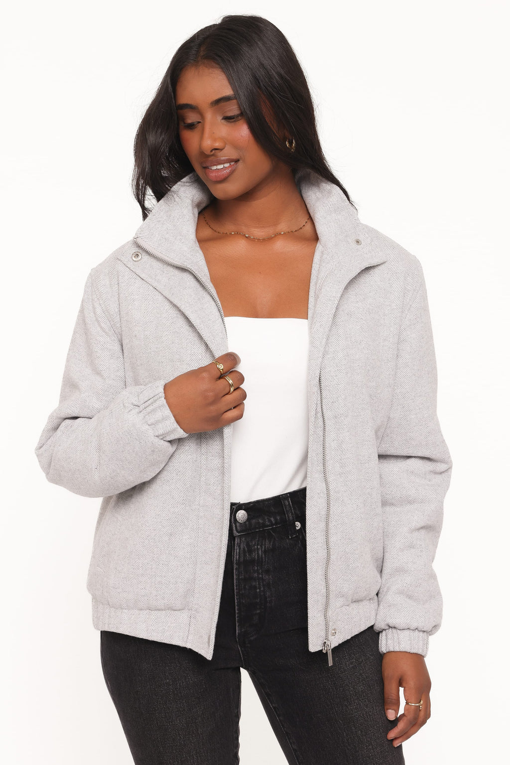 Funnel Neck Bomber Jacket - Grey Herringbone