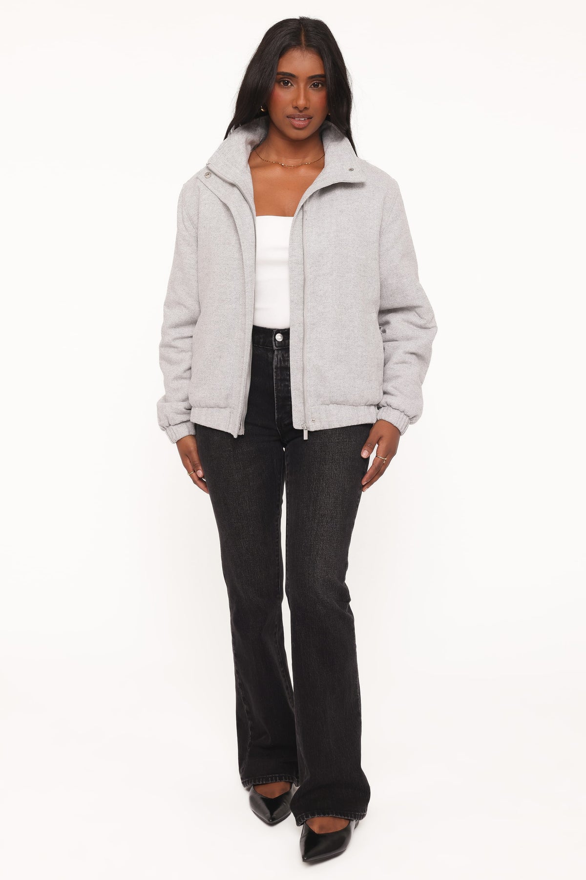 Funnel Neck Bomber Jacket - Grey Herringbone