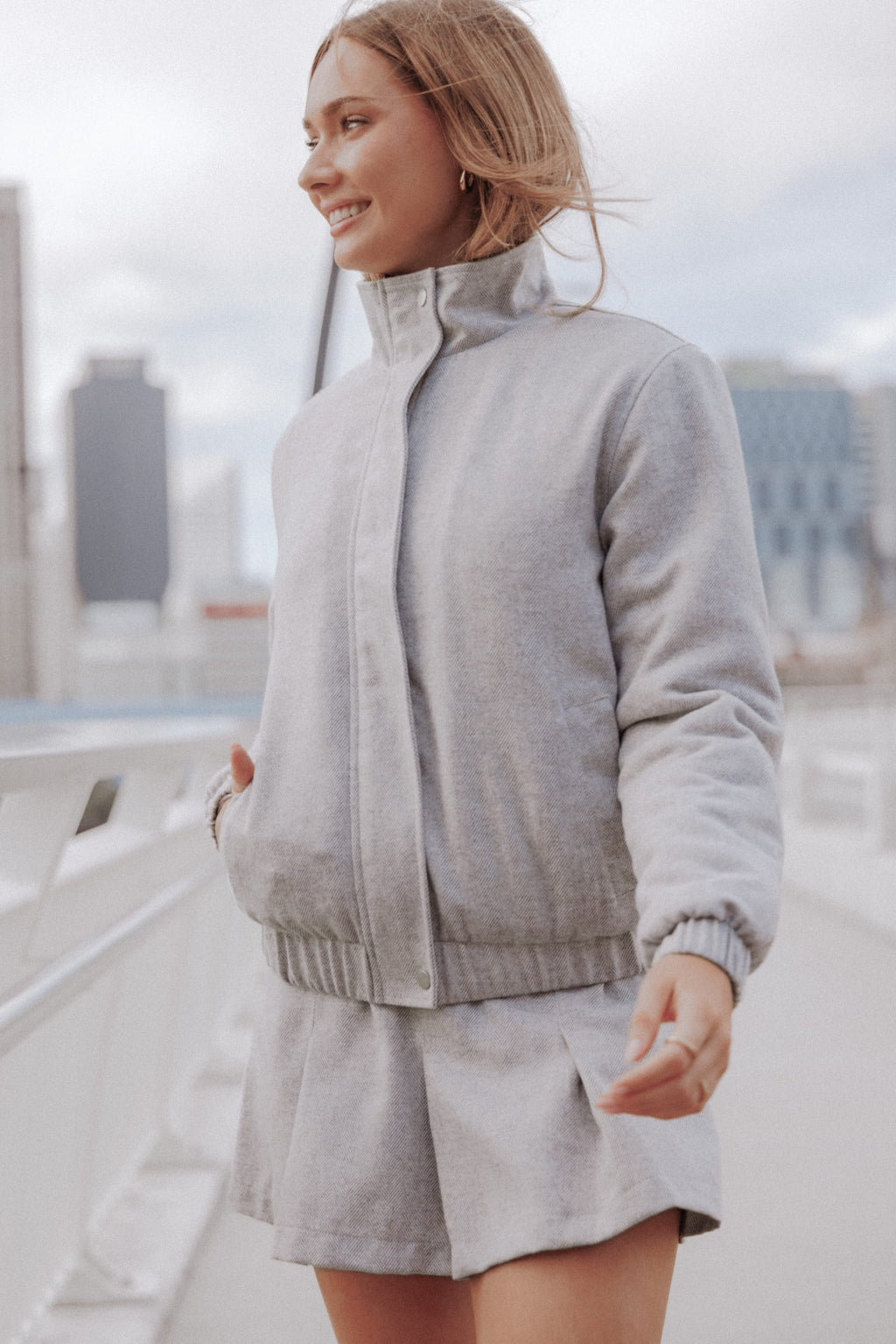 Funnel Neck Bomber Jacket - Grey Herringbone