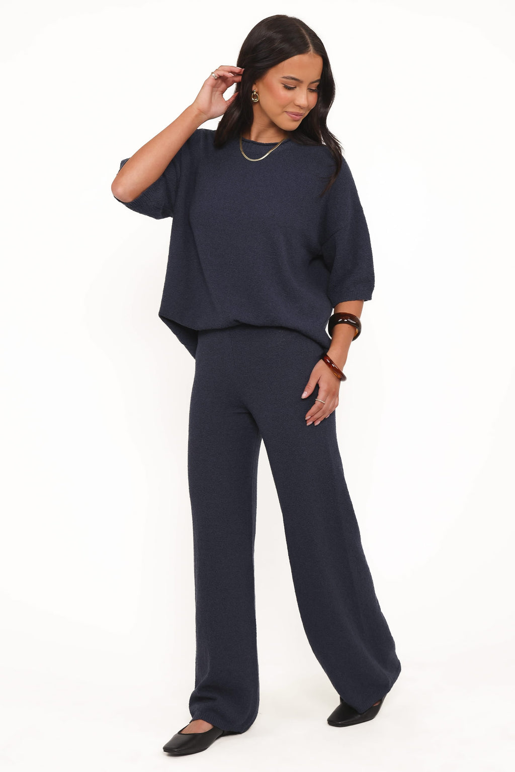 Straight Leg Knit Pants - Navy