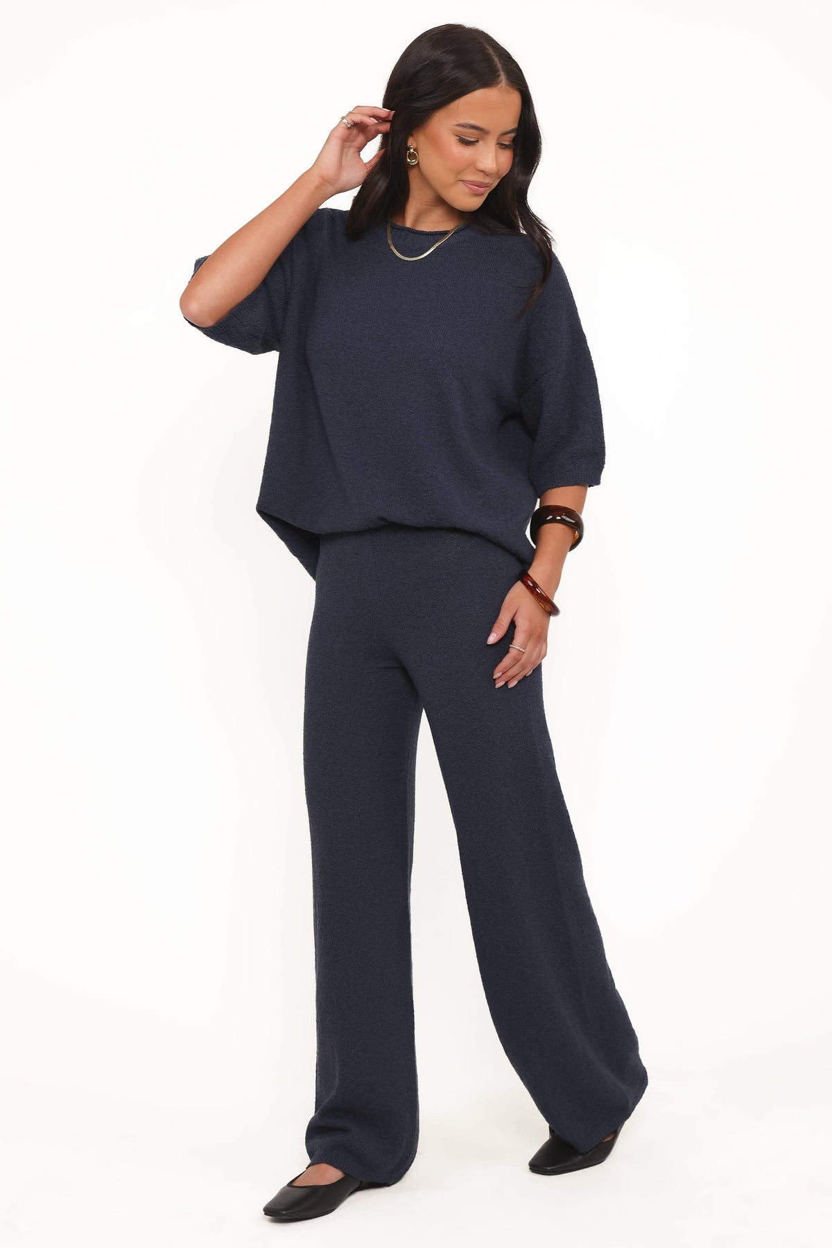 Straight Leg Knit Pants - Navy