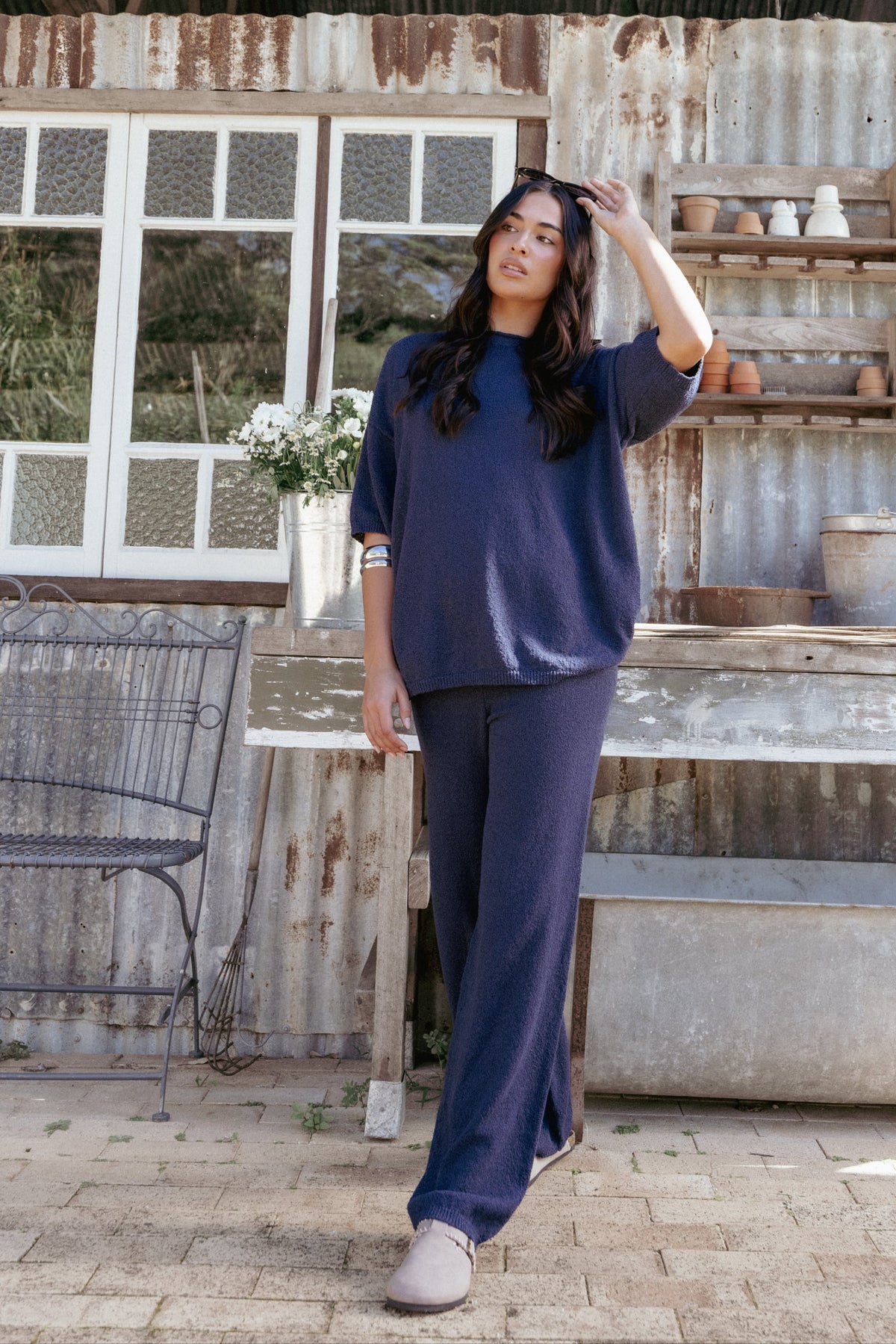 Straight Leg Knit Pants - Navy