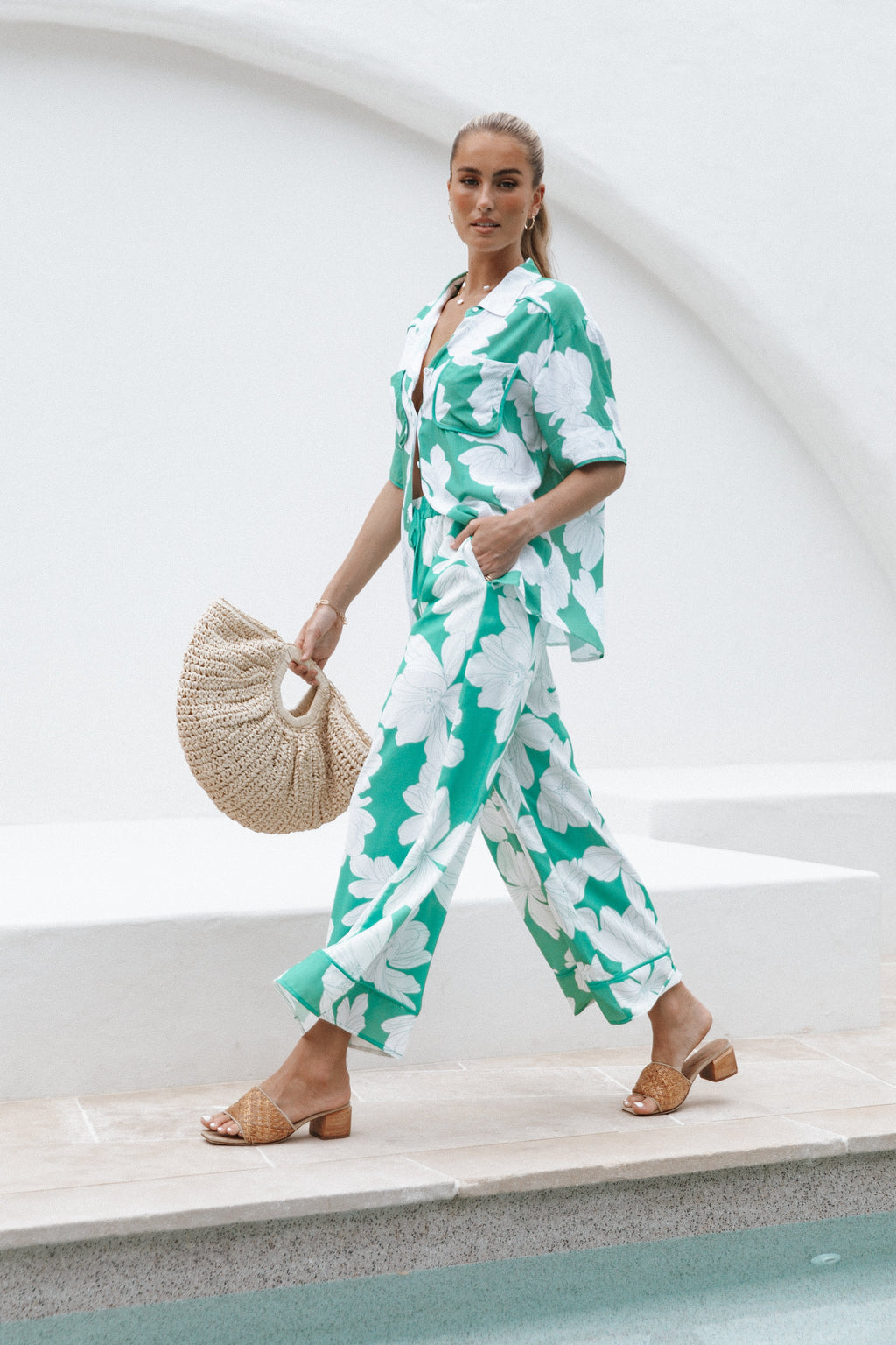 Wide Leg Pants - Green Floral