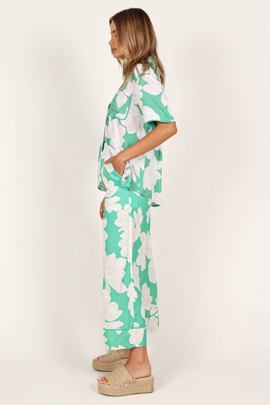 Wide Leg Pants - Green Floral