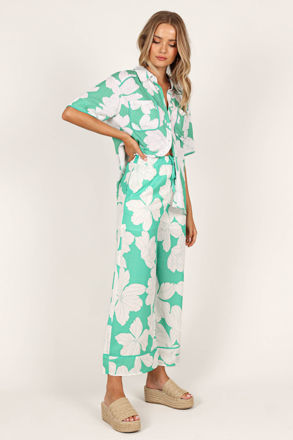 Wide Leg Pants - Green Floral