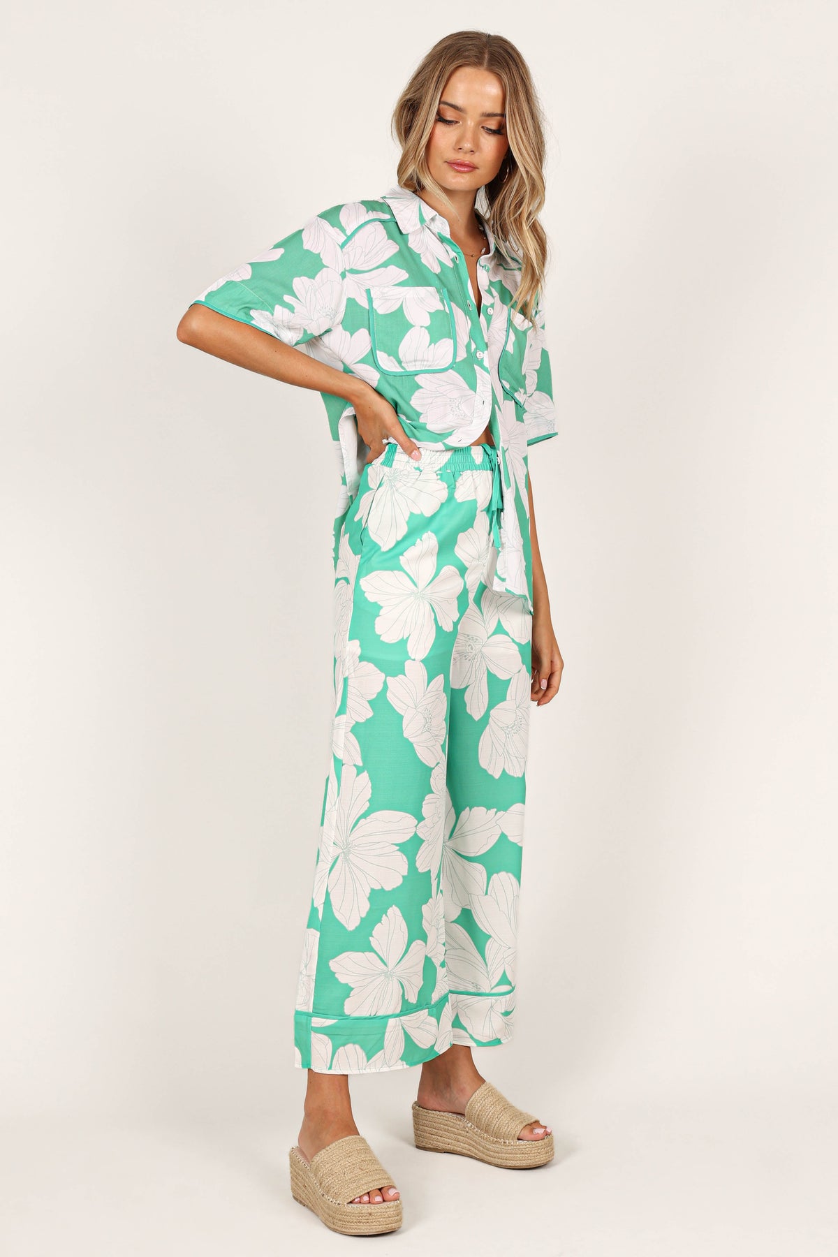 Wide Leg Pants - Green Floral