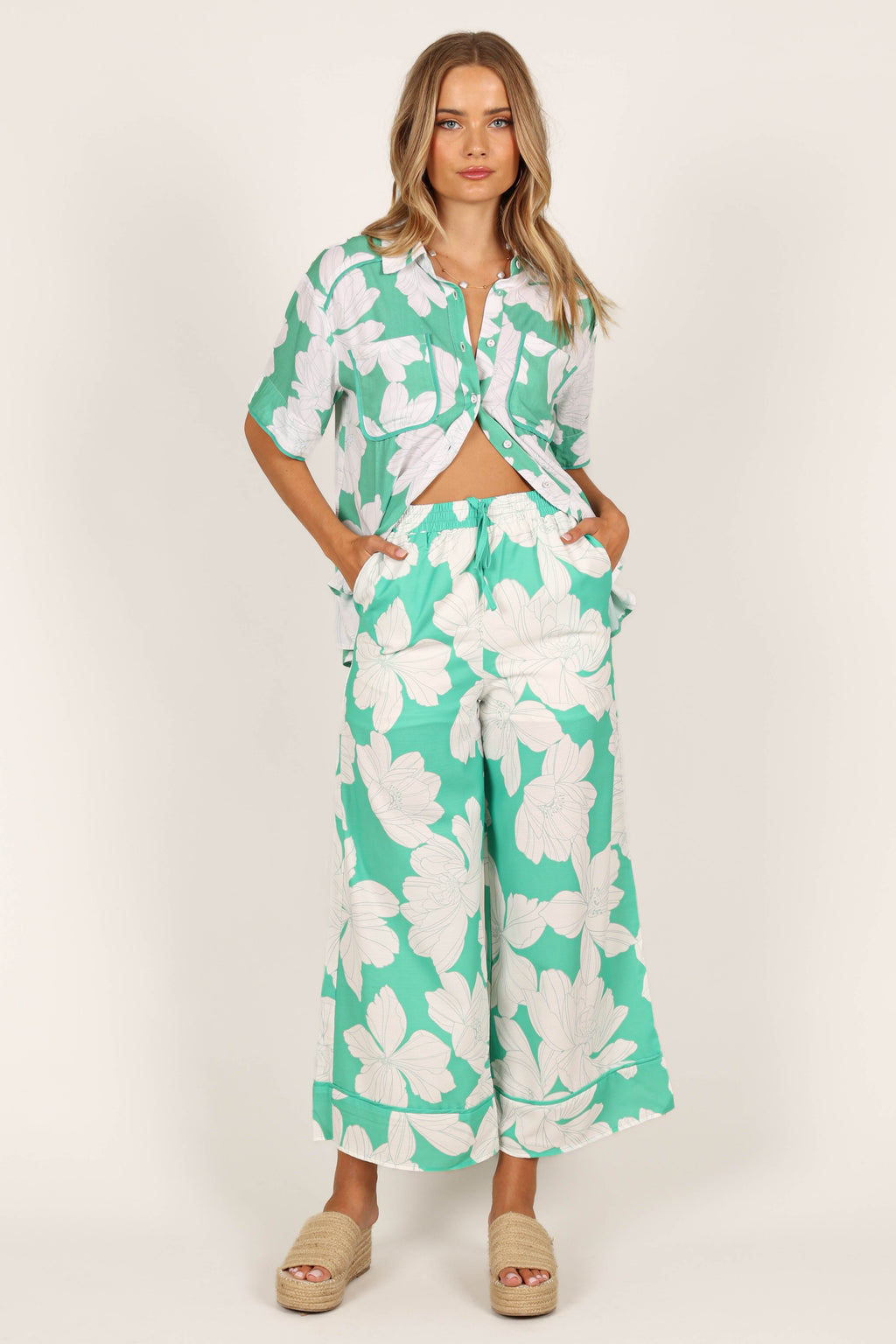 Wide Leg Pants - Green Floral