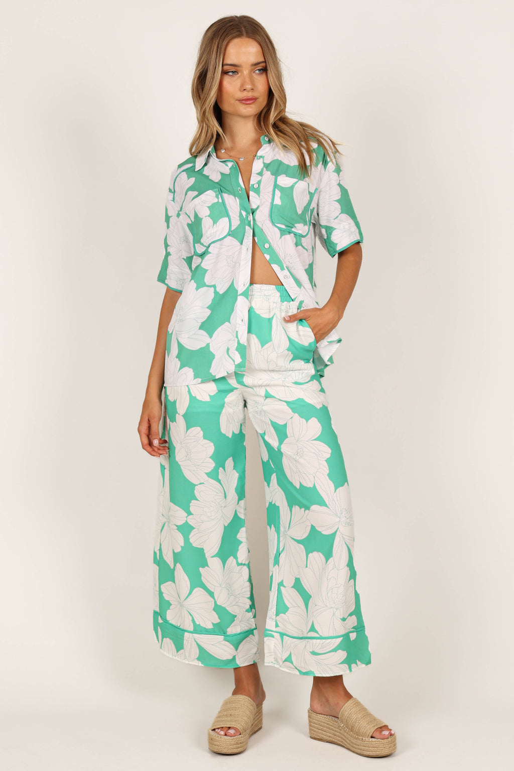 Wide Leg Pants - Green Floral