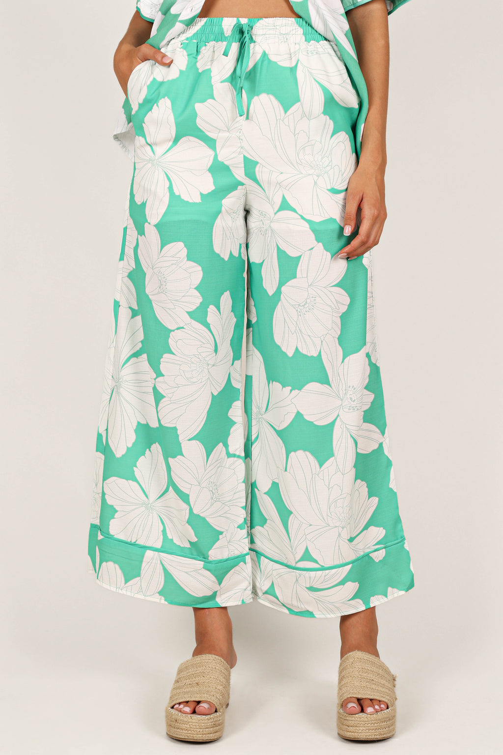 Wide Leg Pants - Green Floral