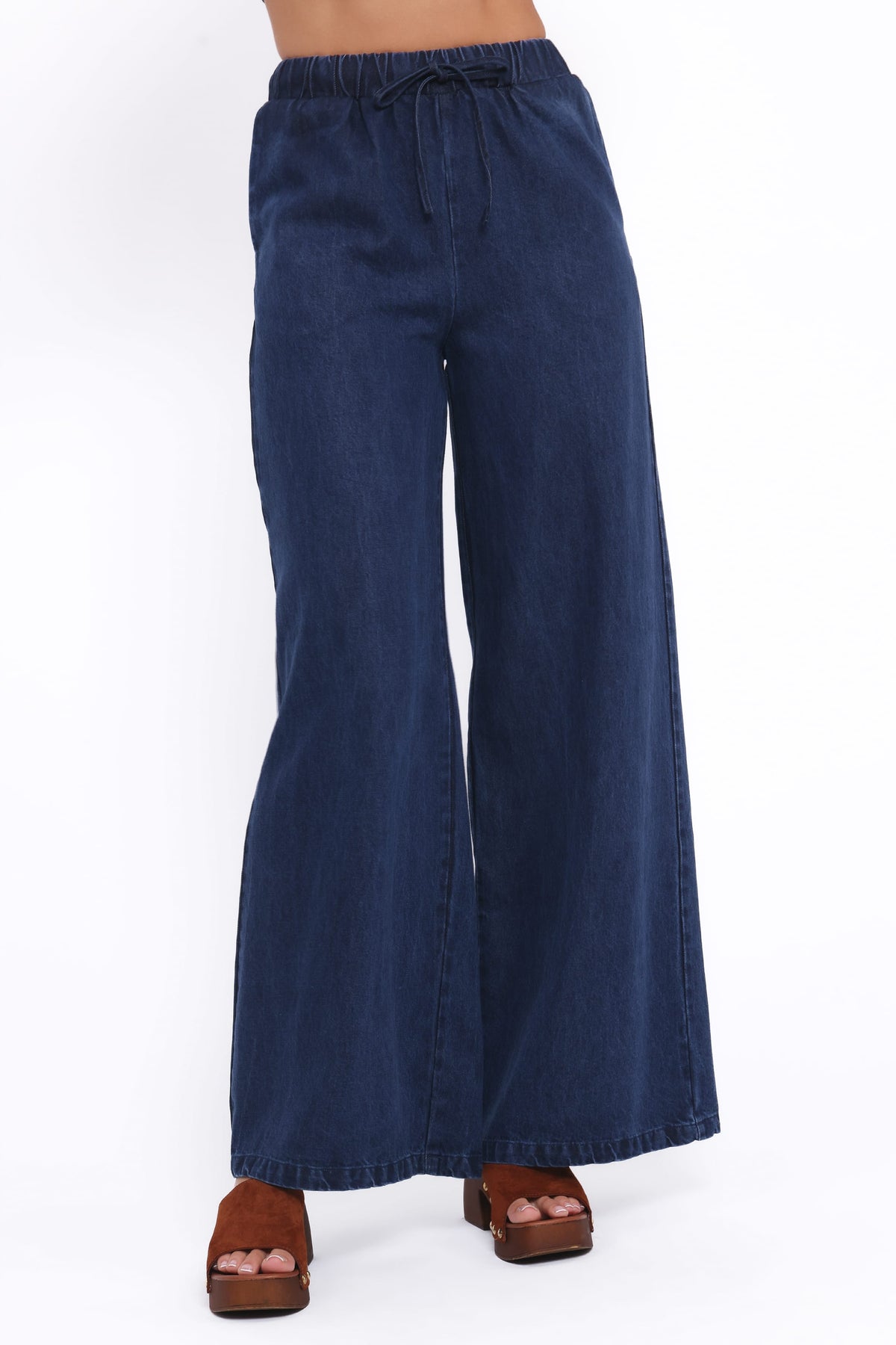 Wide Leg Chambray Pants - Mid Dark