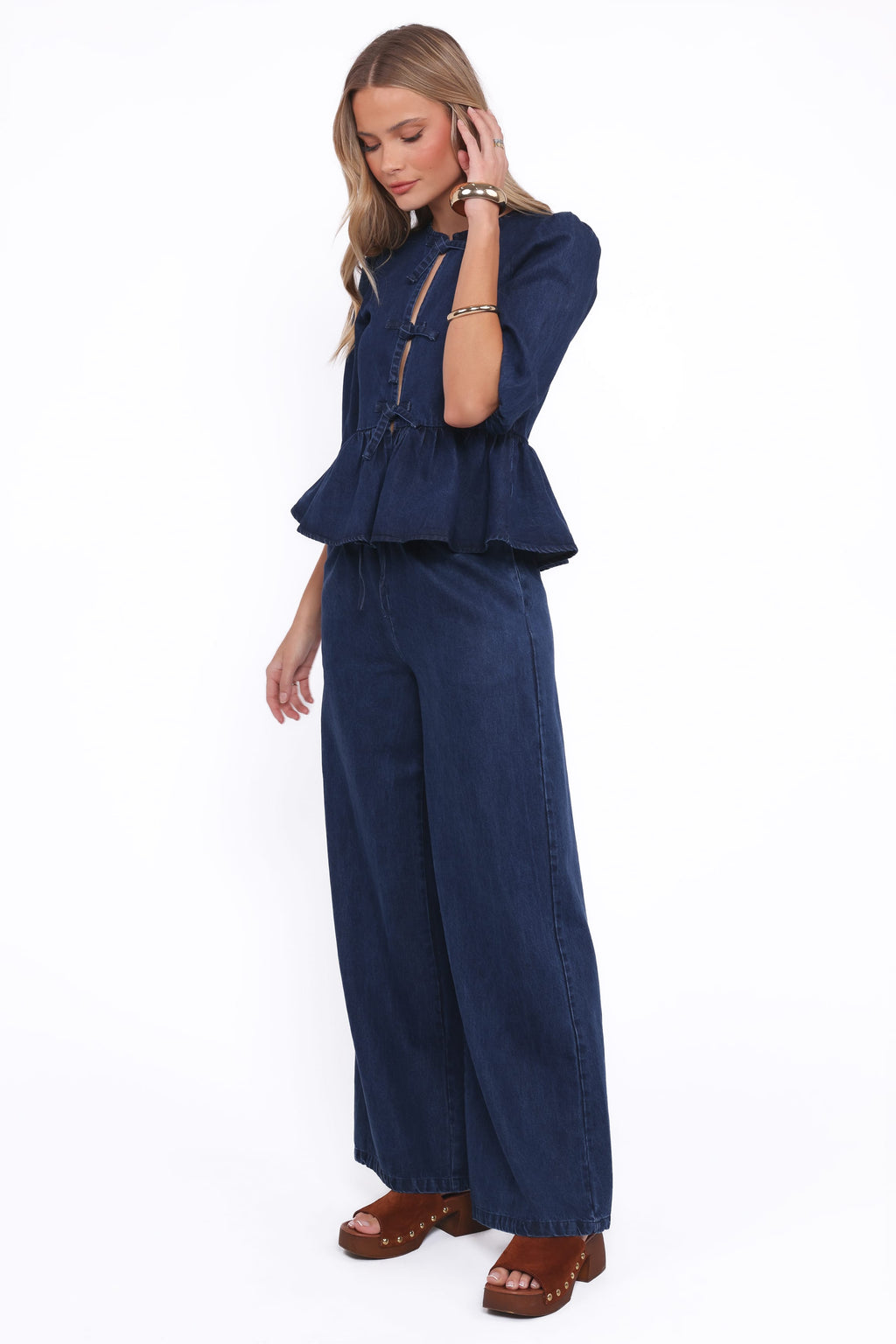 Wide Leg Chambray Pants - Mid Dark