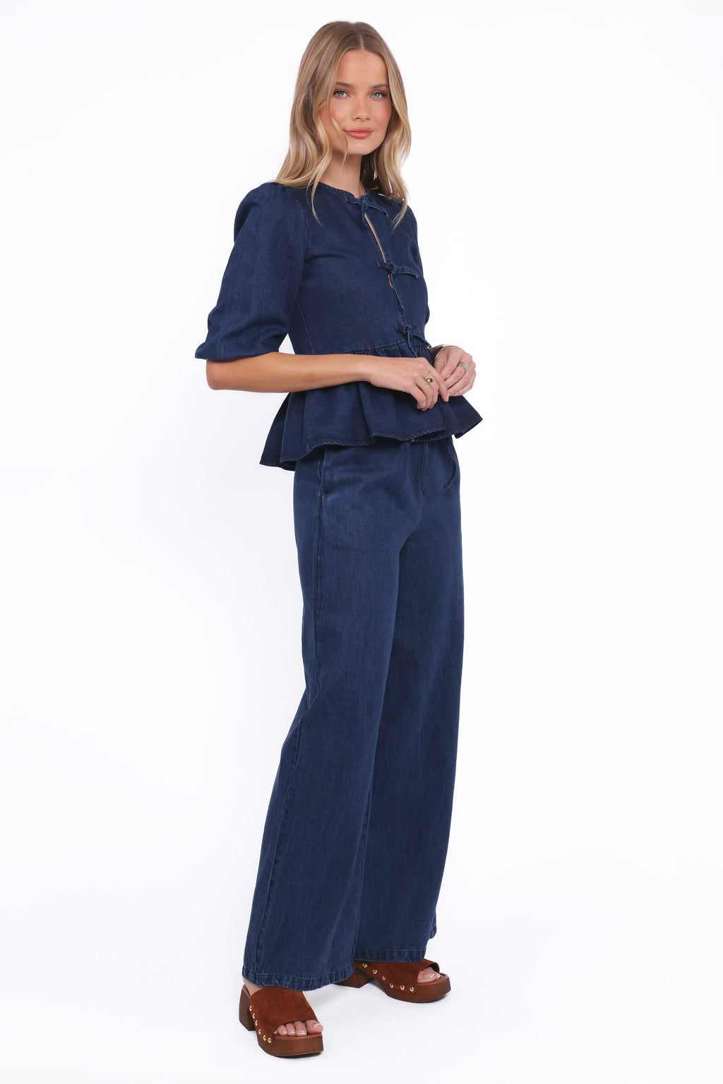 Wide Leg Chambray Pants - Mid Dark
