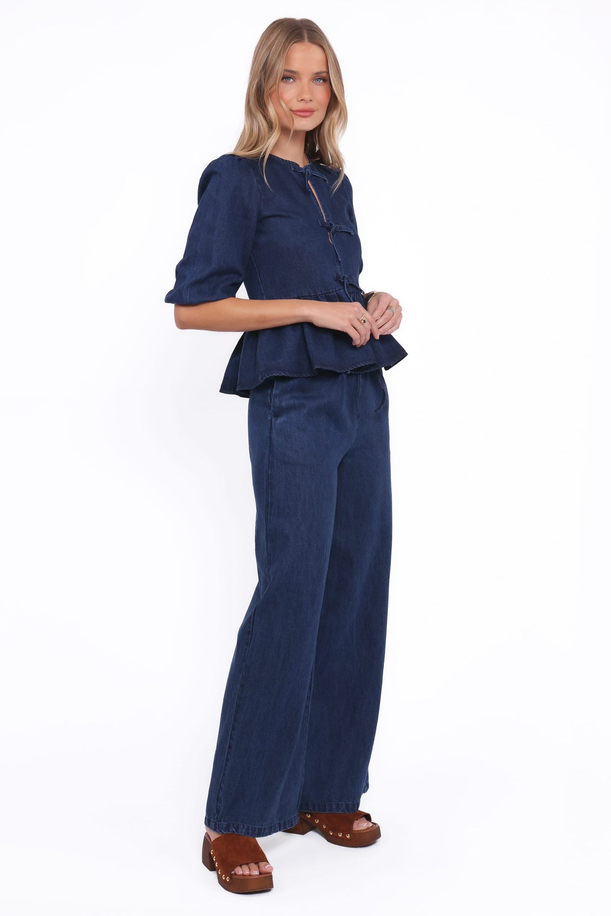 Wide Leg Chambray Pants - Mid Dark