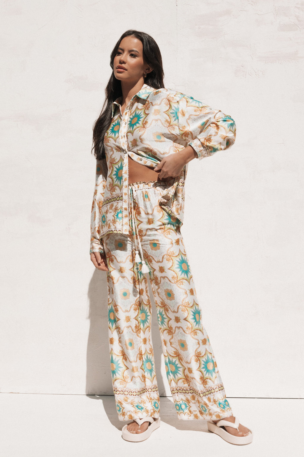Wide Leg Satin Pants - White Floral