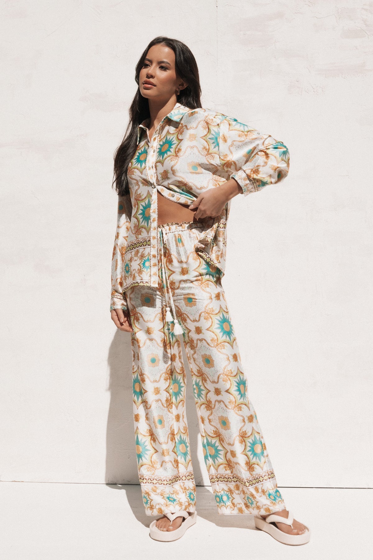 Wide Leg Satin Pants - White Floral