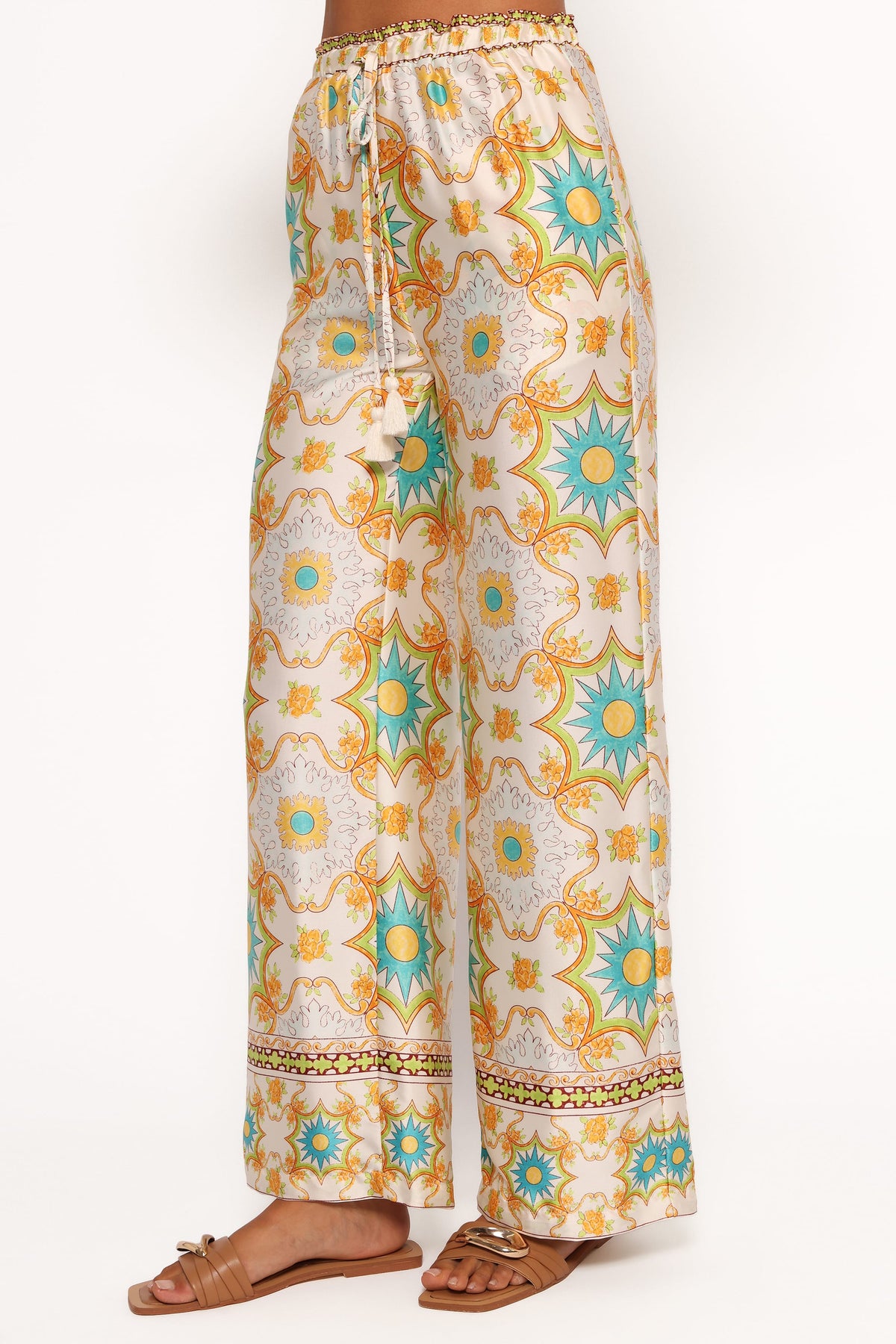 Wide Leg Satin Pants - White Floral