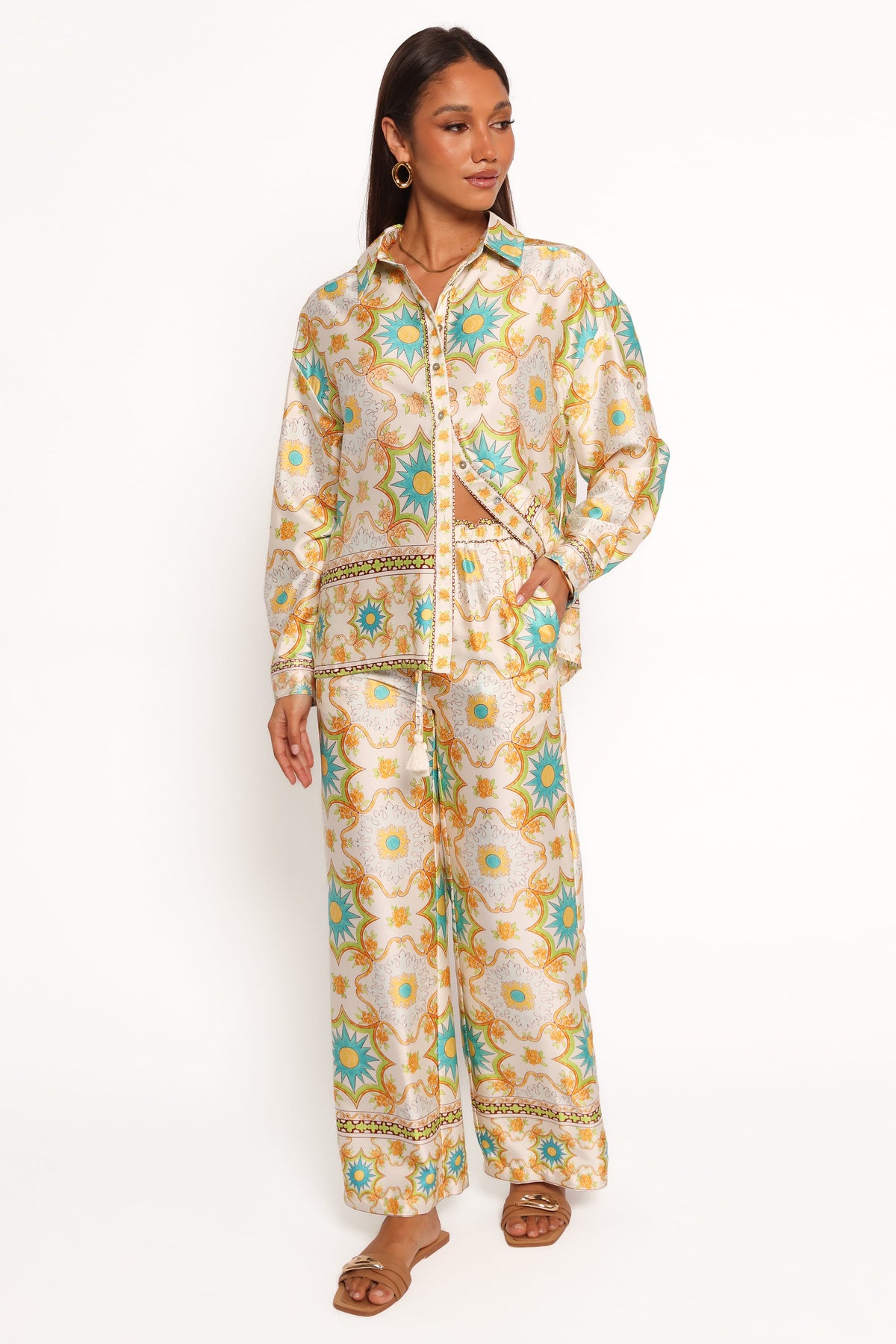 Wide Leg Satin Pants - White Floral
