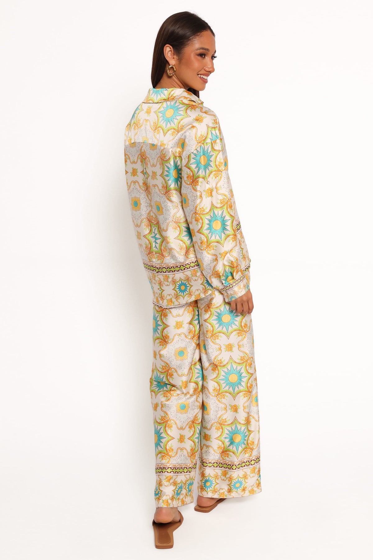 Wide Leg Satin Pants - White Floral