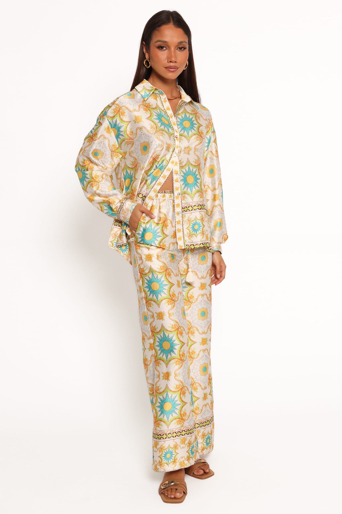 Wide Leg Satin Pants - White Floral