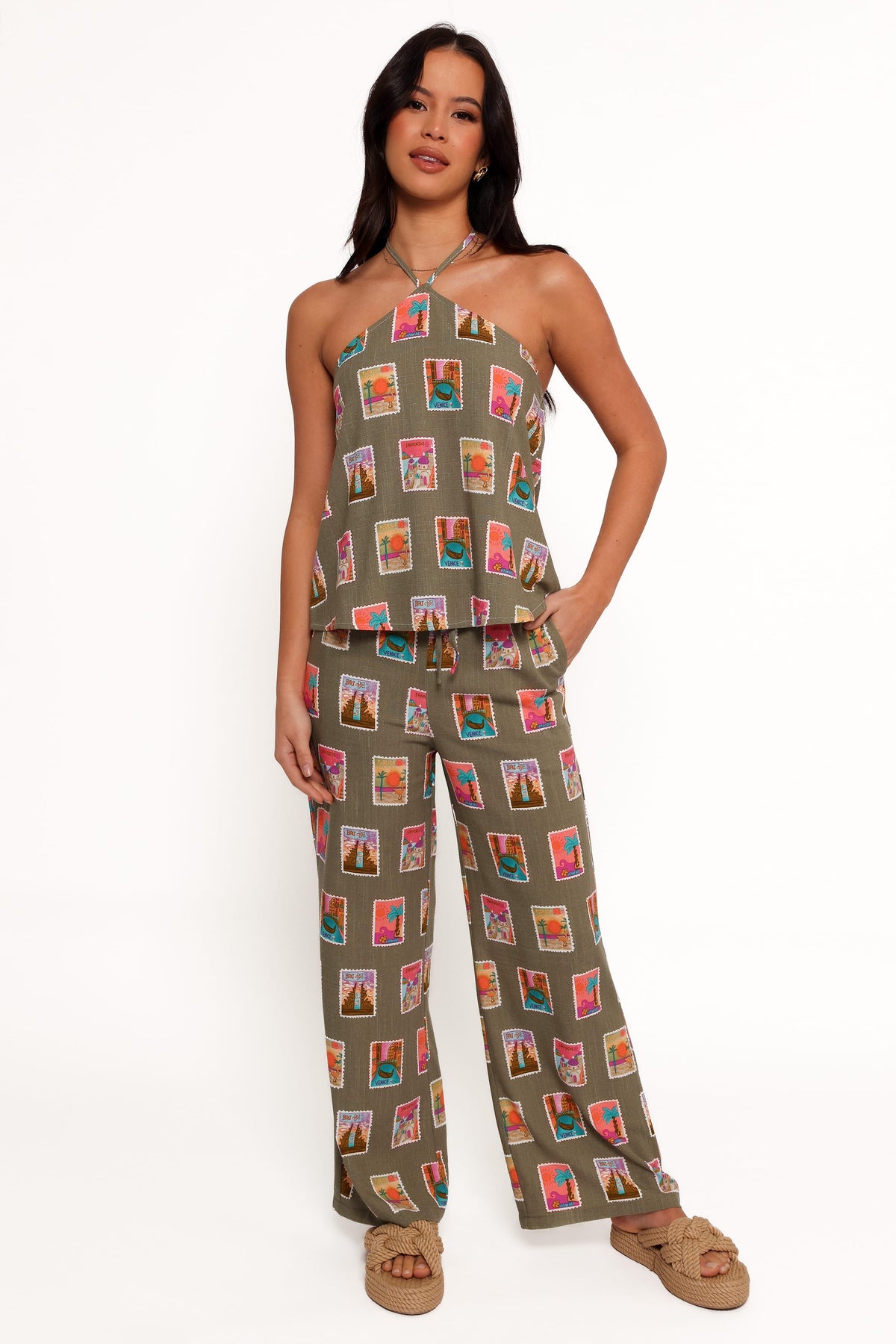 Straight Leg Pants - Olive Stamp Print