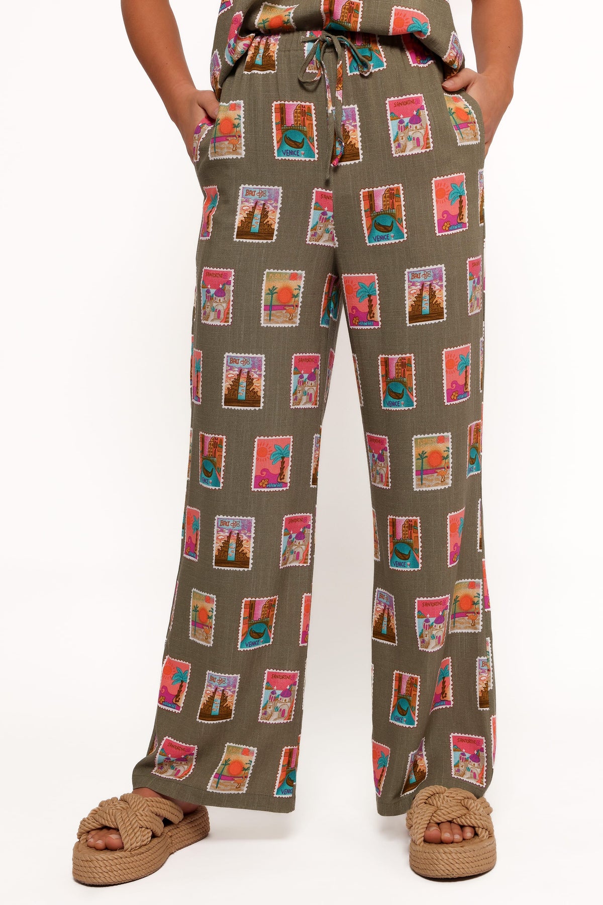 Straight Leg Pants - Olive Stamp Print