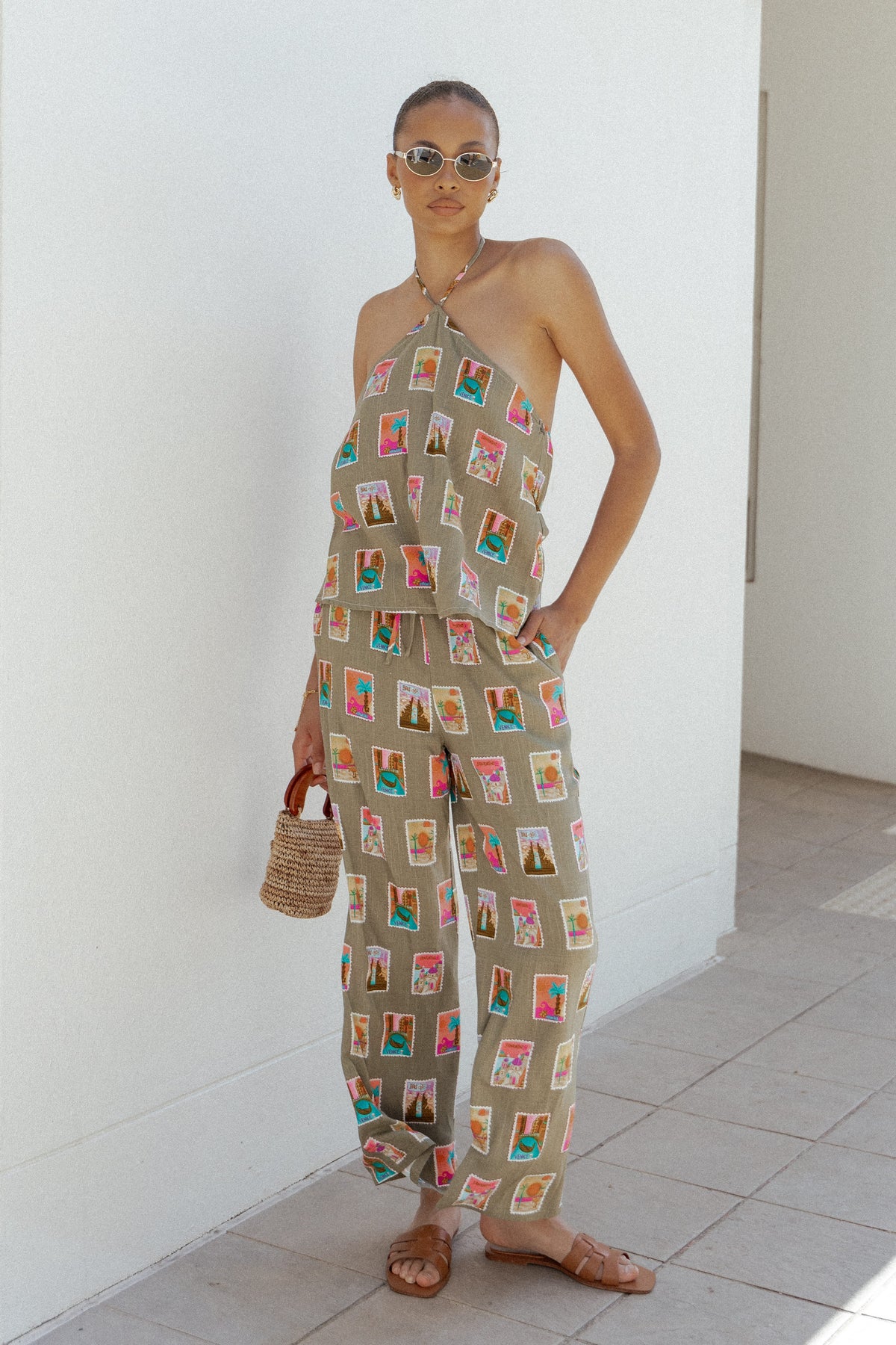 Straight Leg Pants - Olive Stamp Print