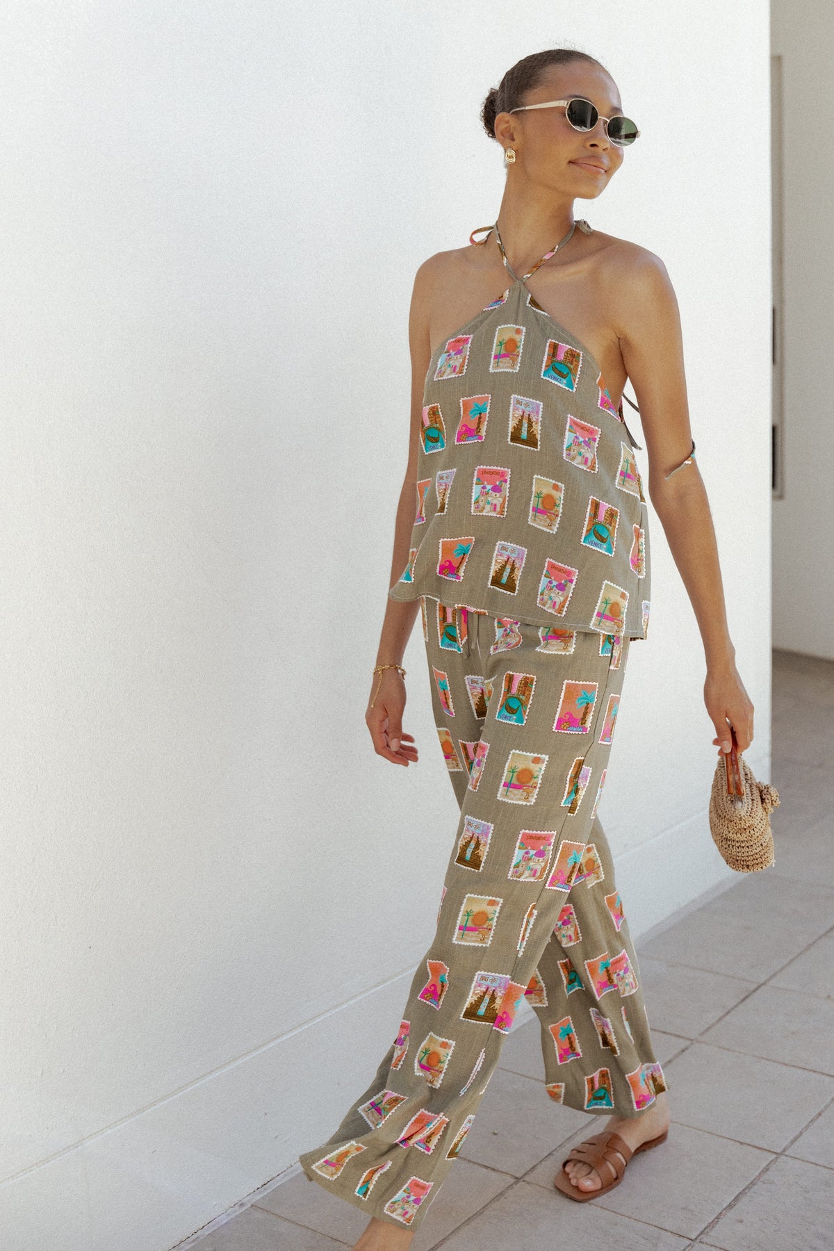 Straight Leg Pants - Olive Stamp Print