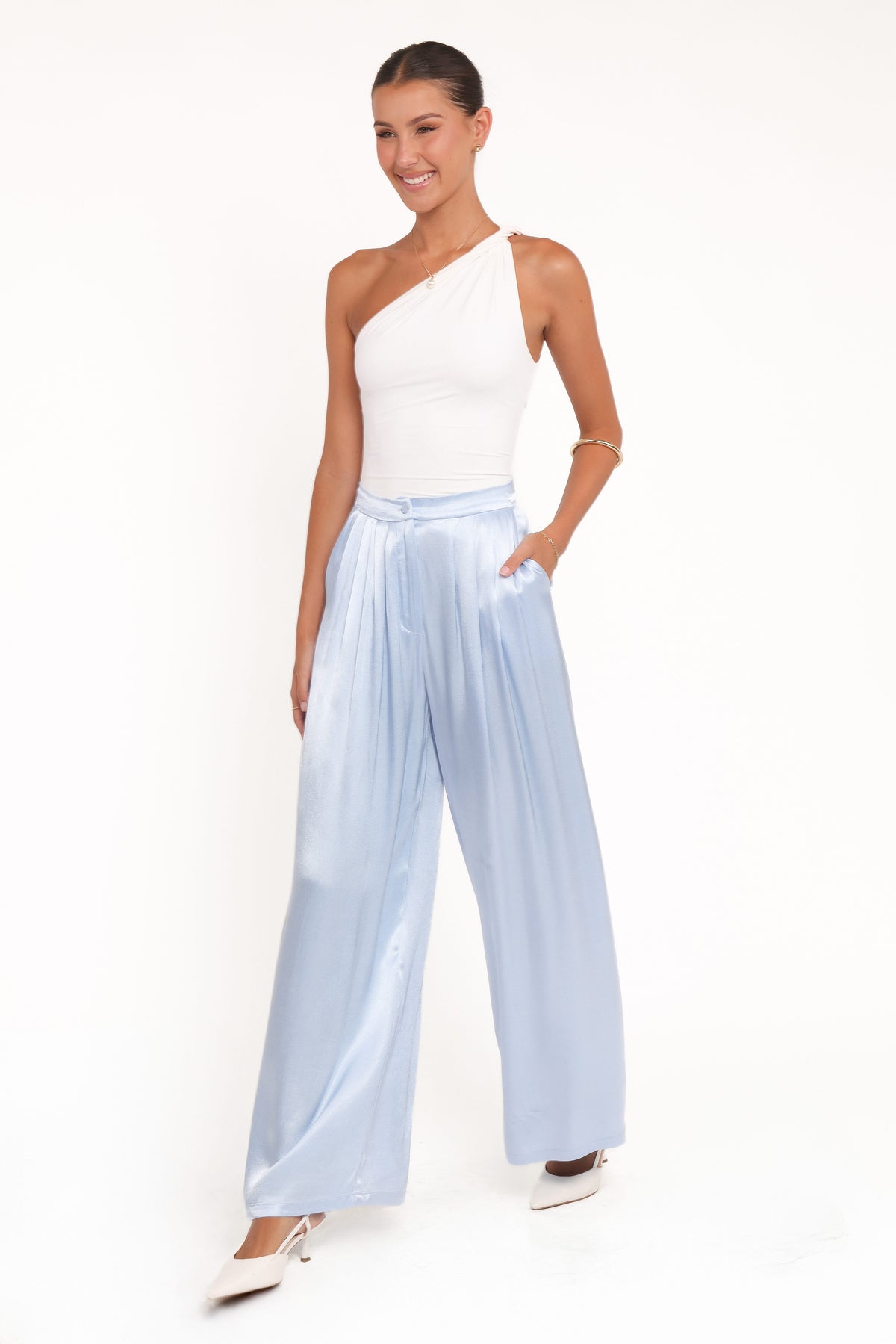 Wide Leg Pants - Blue Pleat