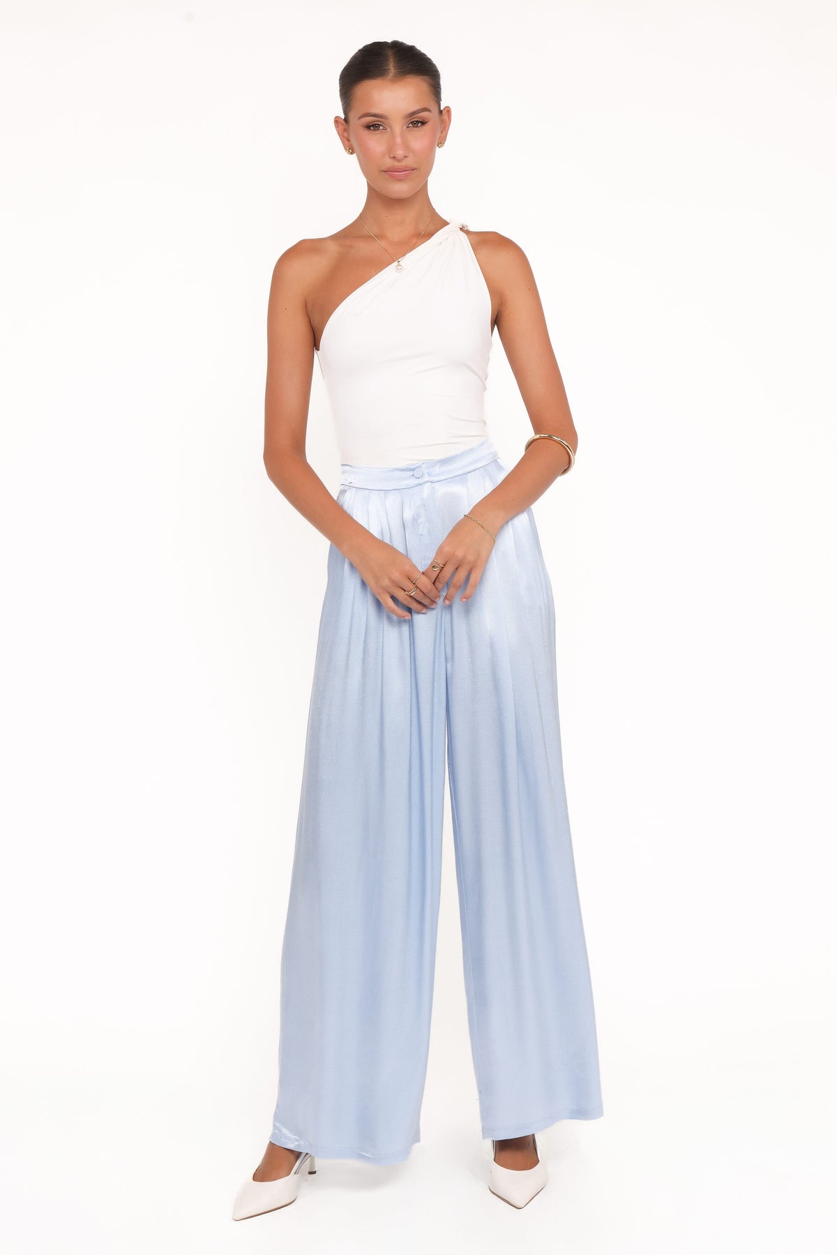 Wide Leg Pants - Blue Pleat