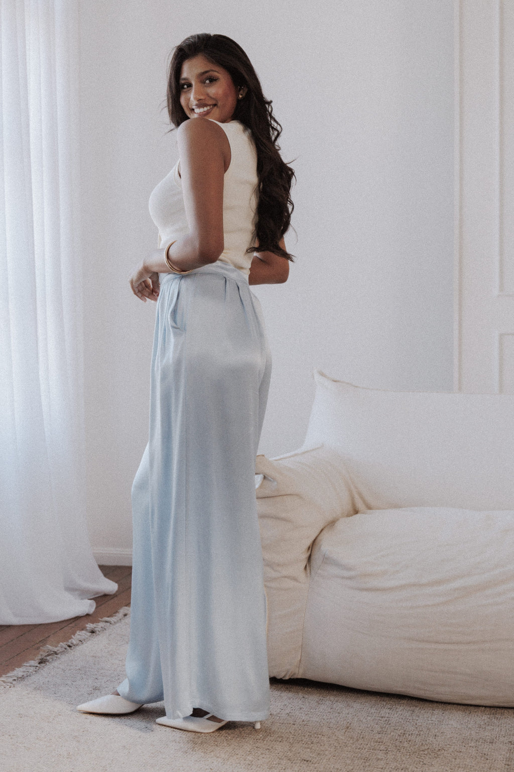 Wide Leg Pants - Blue Pleat