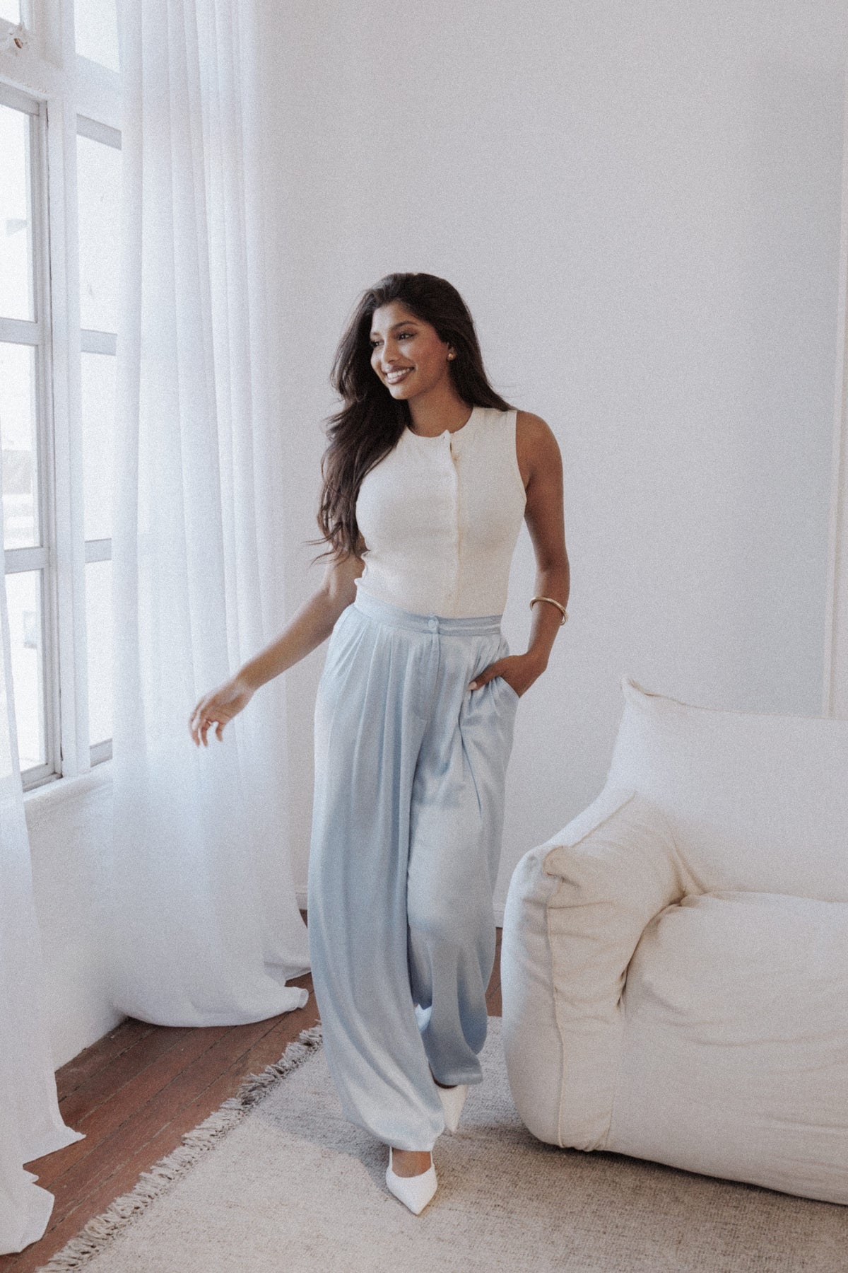 Wide Leg Pants - Blue Pleat