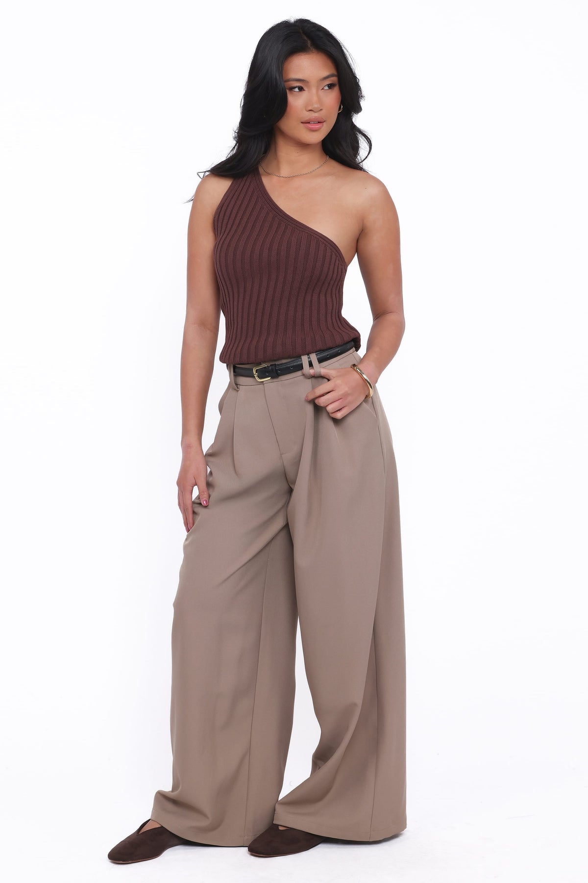 Wide Leg Pants - Beige Pleat