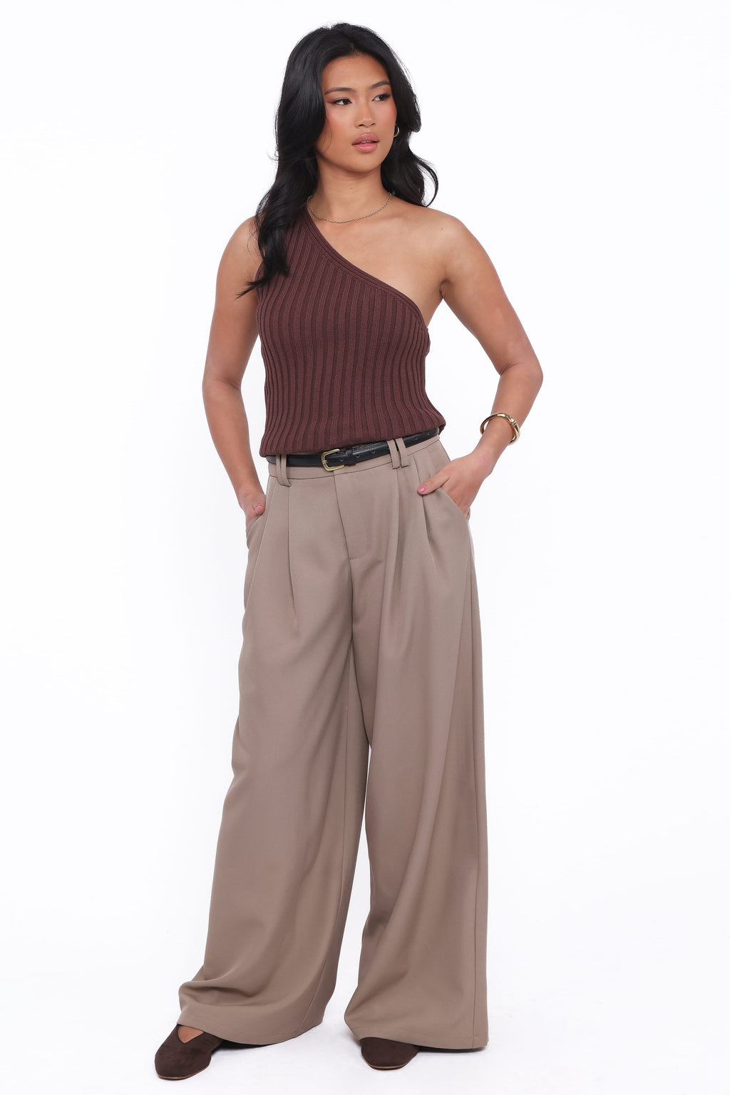 Wide Leg Pants - Beige Pleat