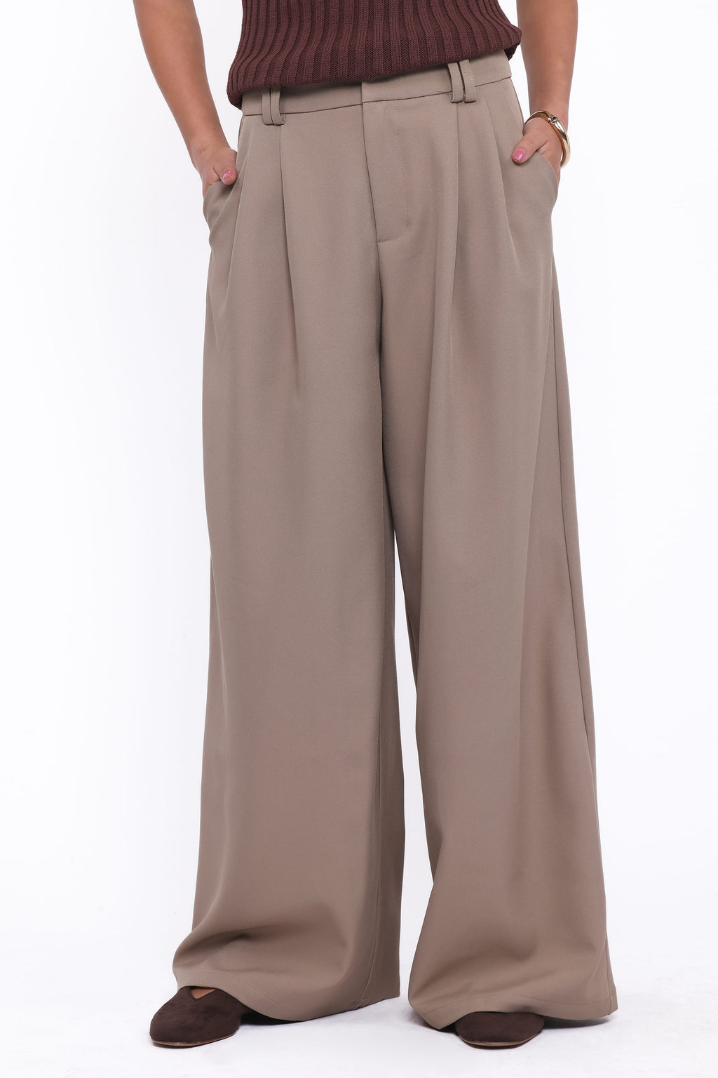 Wide Leg Pants - Beige Pleat