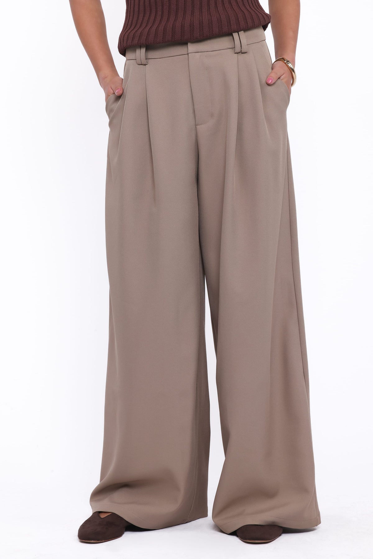 Wide Leg Pants - Beige Pleat
