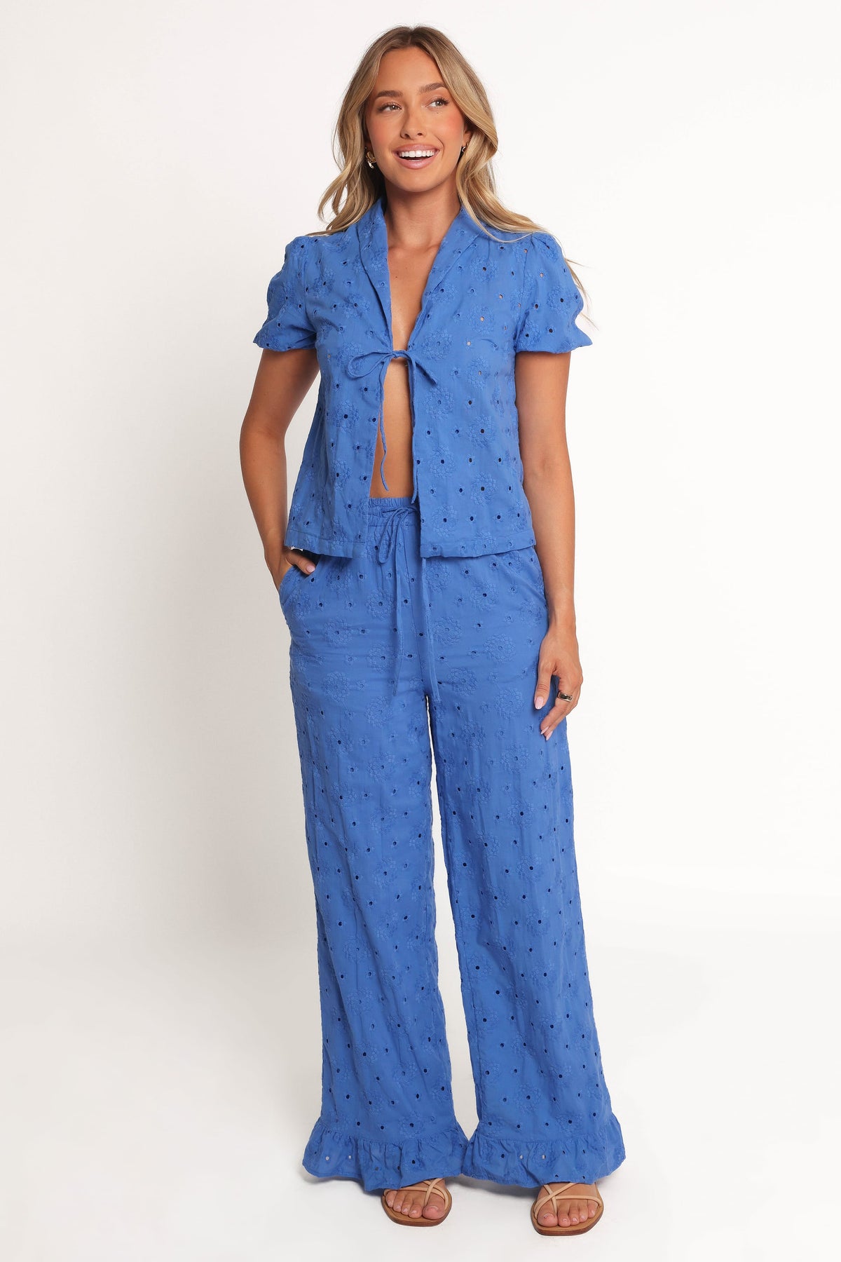 Straight Leg Embroidered Pants - Cobalt