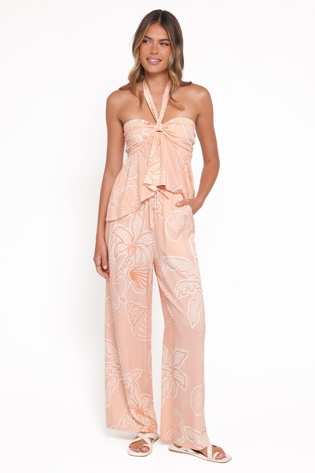 Hose mit weitem Bein – Pfirsichfarbenes Blumenmuster