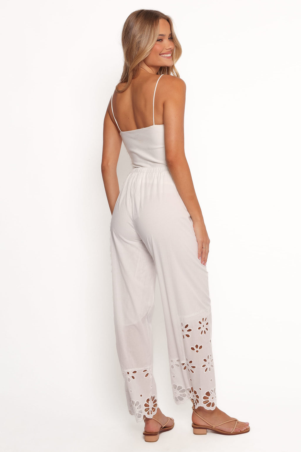 Straight Leg Pants - White Floral Cut Out