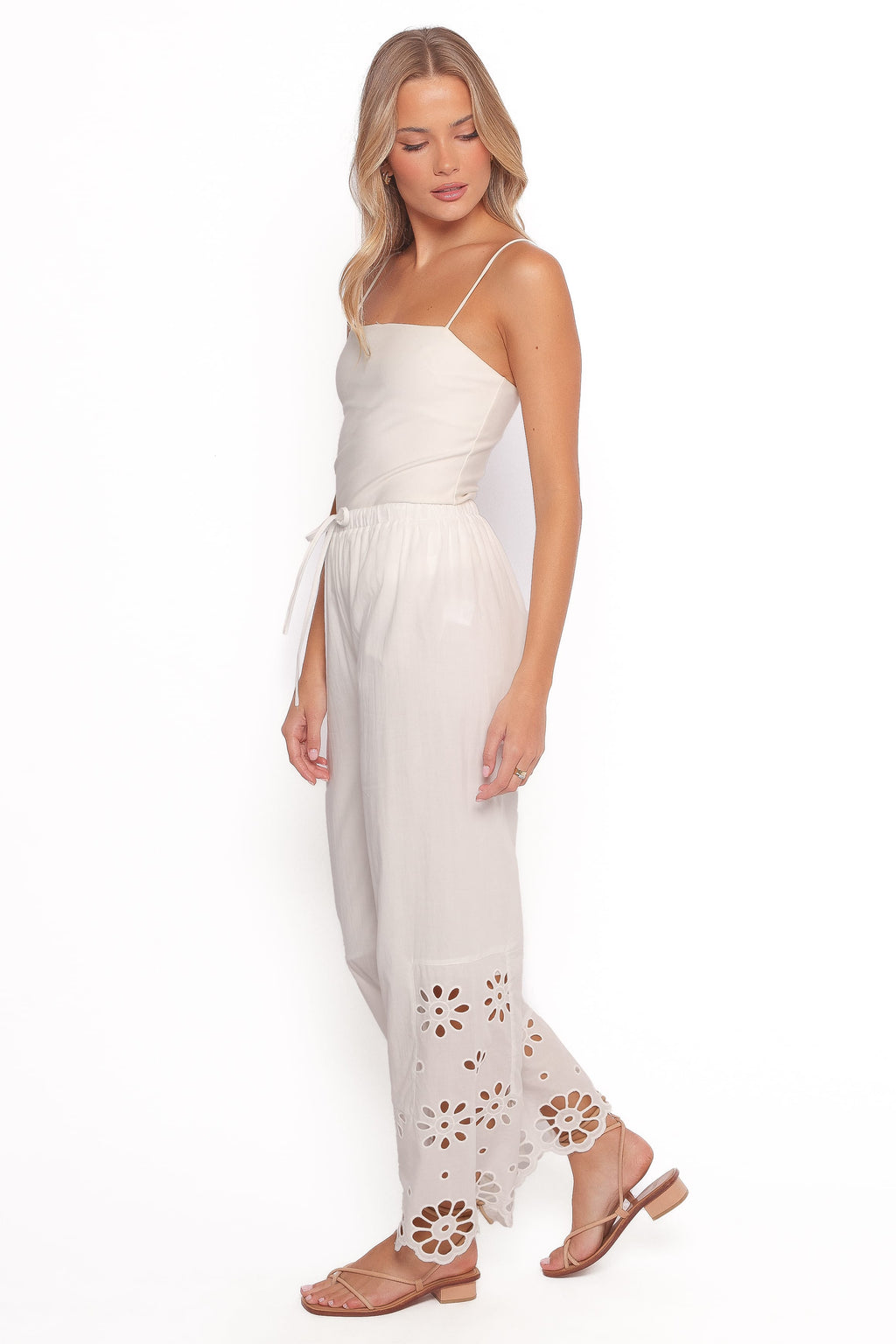 Straight Leg Pants - White Floral Cut Out