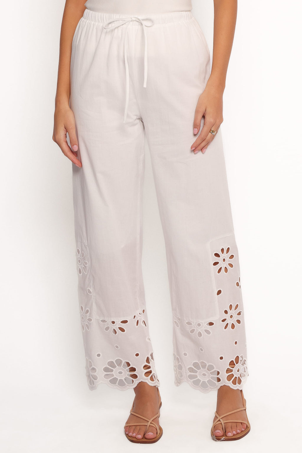 Straight Leg Pants - White Floral Cut Out