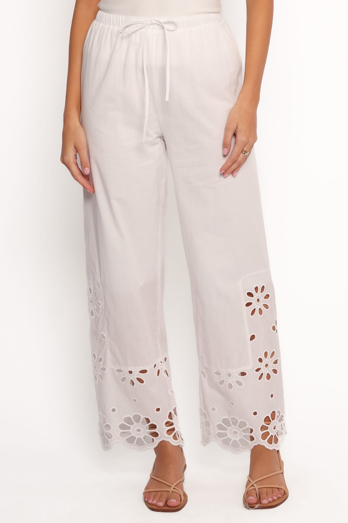 Straight Leg Pants - White Floral Cut Out