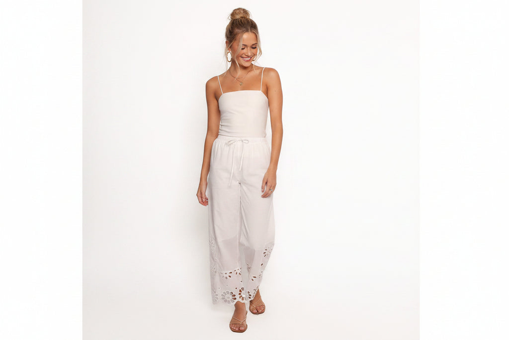 Straight Leg Pants - White Floral Cut Out