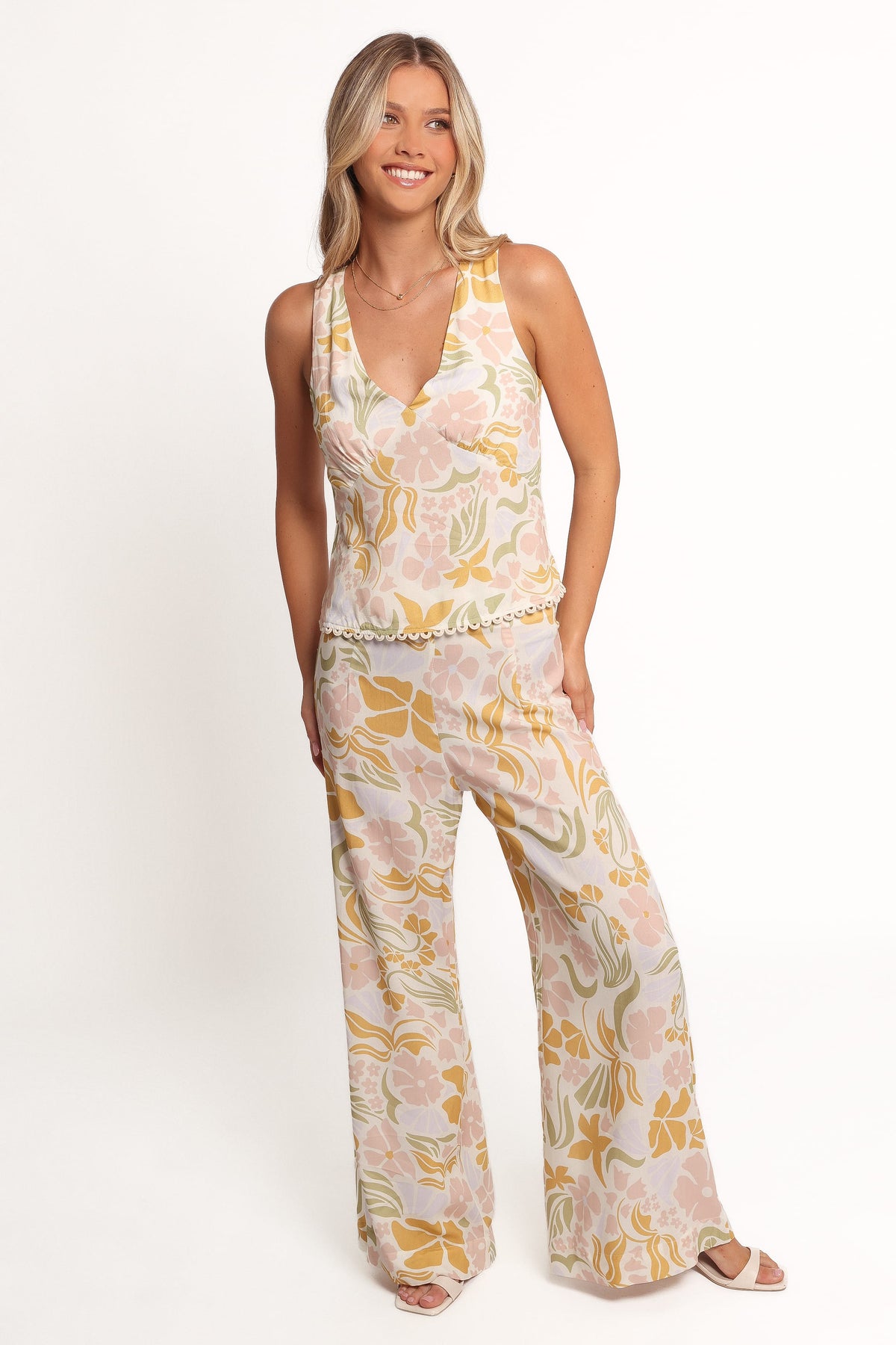 Wide Leg Pants - Floral Scallop Trim
