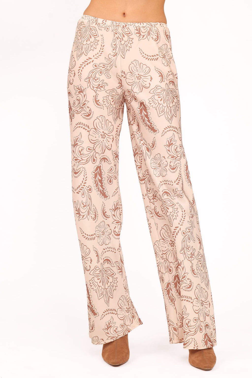 Satinhosen mit geradem Bein – braun mit Paisleymuster