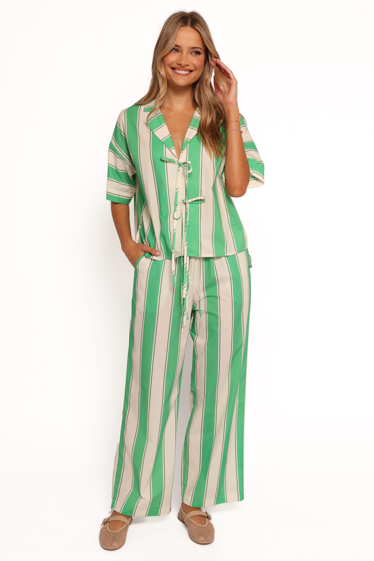 Wide Leg Pants - Green Stripe