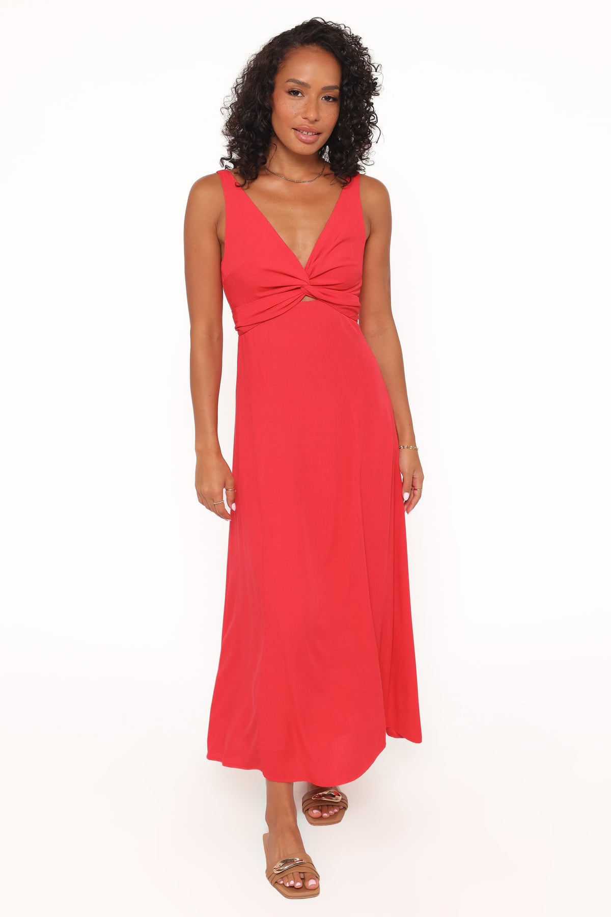 Midi Dress - Red V Neck